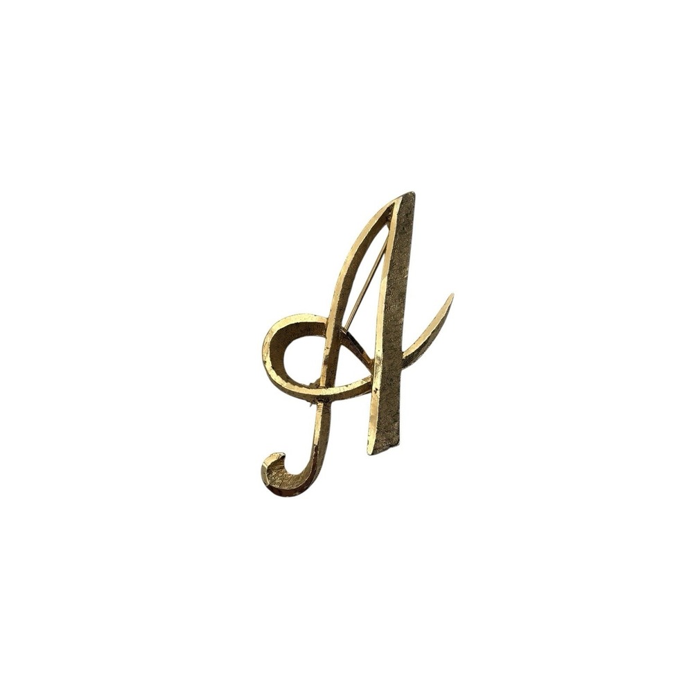 Vintage Signed Mamselle Gold Tone Cursive Letter 'A' Textured Brooch Pin